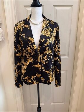 Black & Gold Baroque Print Satin pant suit blazer - Women's Jacket